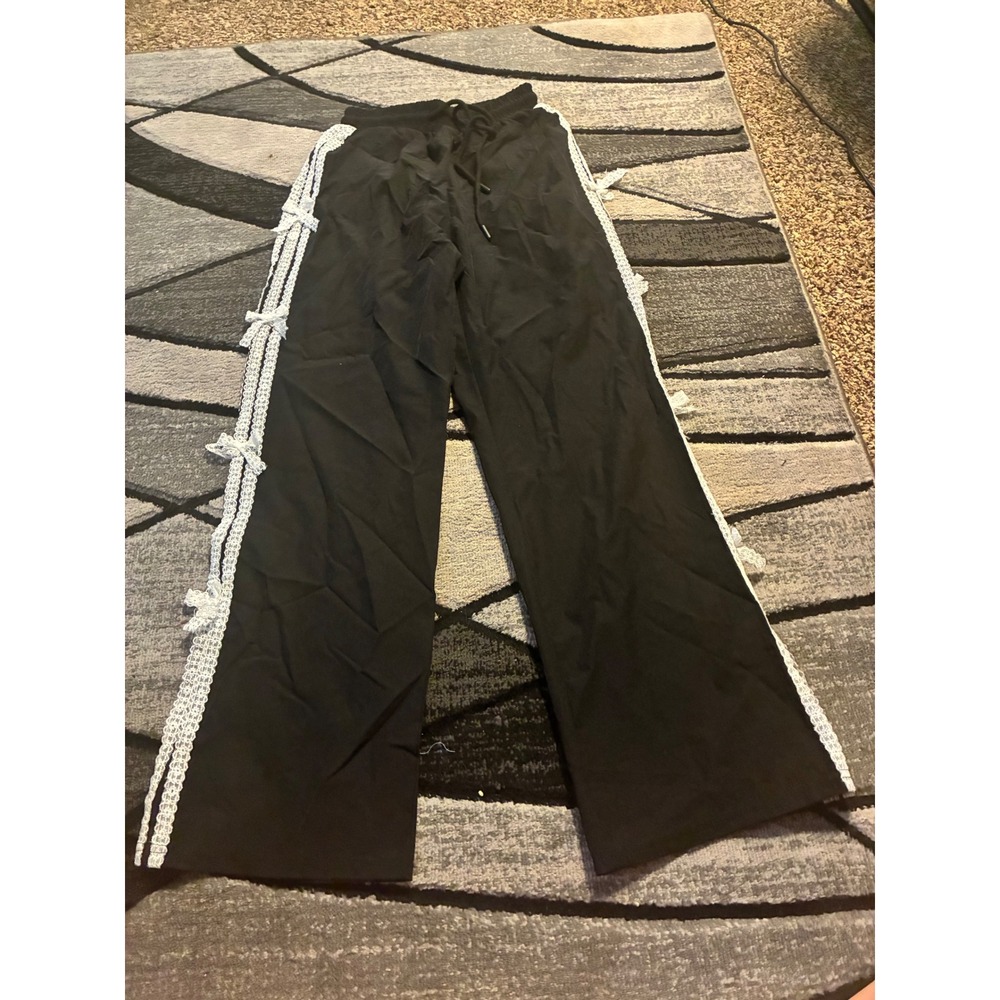 Free Haven Black Lace Bow Trim Wide Leg Track Pants XS Coquette Streetwear